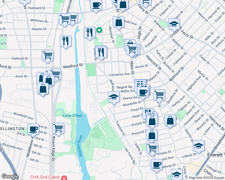 map of restaurants, bars, coffee shops, grocery stores, and more near 95 Bell Rock Street in Malden