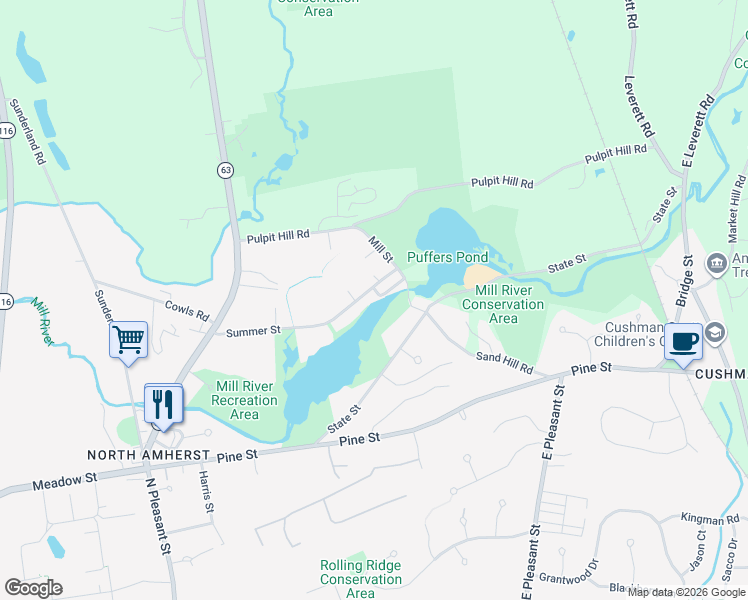 map of restaurants, bars, coffee shops, grocery stores, and more near 159 Summer Street in Amherst