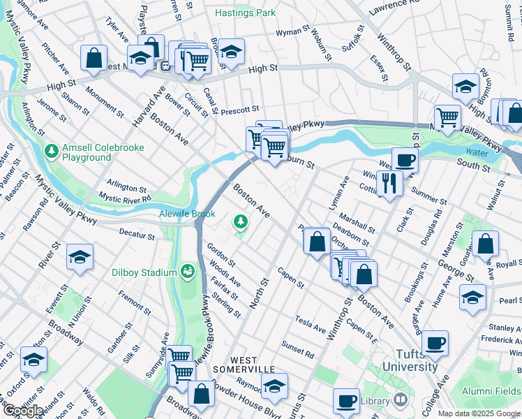 map of restaurants, bars, coffee shops, grocery stores, and more near 196 Boston Avenue in Medford
