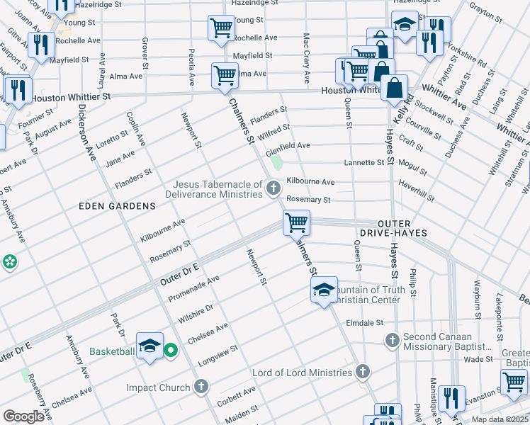 map of restaurants, bars, coffee shops, grocery stores, and more near 14294 Rosemary Street in Detroit