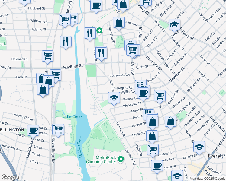 map of restaurants, bars, coffee shops, grocery stores, and more near 95 Bell Rock Street in Malden