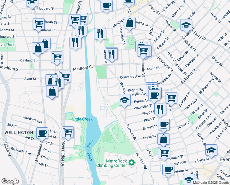 map of restaurants, bars, coffee shops, grocery stores, and more near 56 Newman Road in Malden