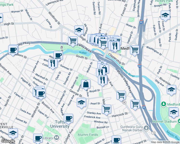 map of restaurants, bars, coffee shops, grocery stores, and more near 3 Metcalf Street in Medford