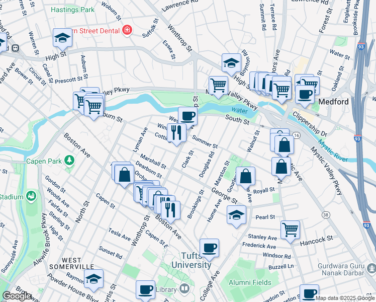 map of restaurants, bars, coffee shops, grocery stores, and more near 66 Clark Street in Medford
