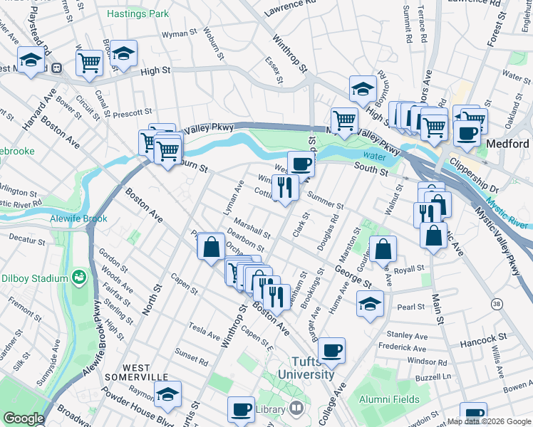 map of restaurants, bars, coffee shops, grocery stores, and more near 34 Martin Street in Medford