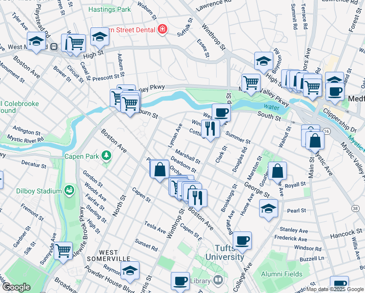 map of restaurants, bars, coffee shops, grocery stores, and more near 50 Lyman Avenue in Medford