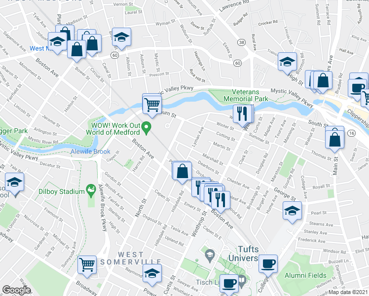 map of restaurants, bars, coffee shops, grocery stores, and more near 76 Marshall Street in Medford