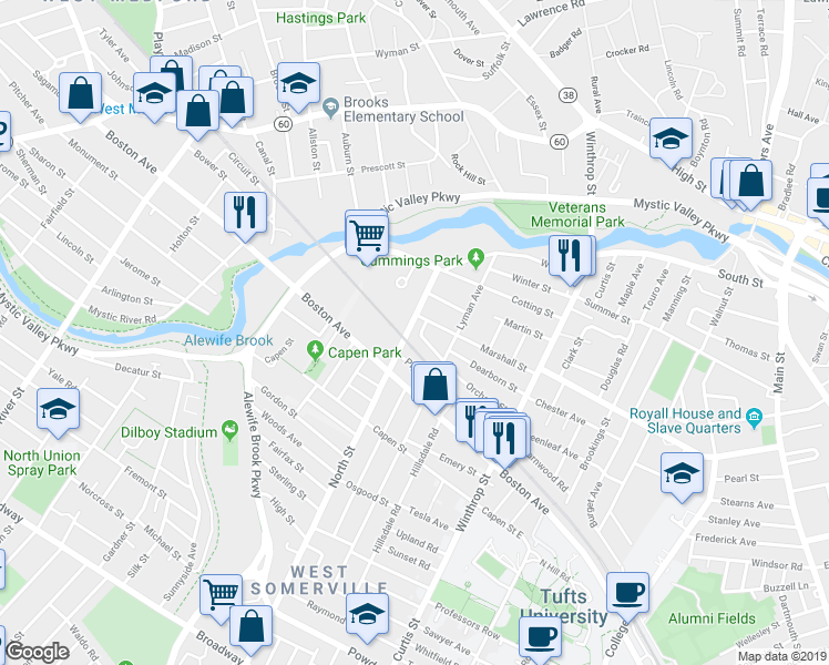 map of restaurants, bars, coffee shops, grocery stores, and more near 20 Fortunato Drive in Medford