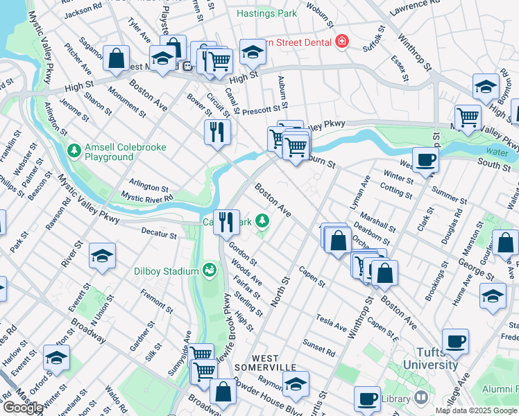 map of restaurants, bars, coffee shops, grocery stores, and more near 38 Irvington Road in Somerville