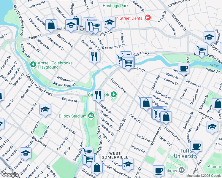 map of restaurants, bars, coffee shops, grocery stores, and more near 38 Irvington Road in Somerville