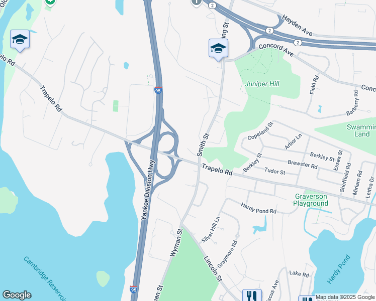 map of restaurants, bars, coffee shops, grocery stores, and more near 126 Smith Street in Waltham