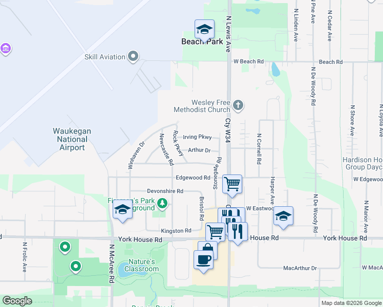 map of restaurants, bars, coffee shops, grocery stores, and more near 2006 Arthur Drive in Waukegan