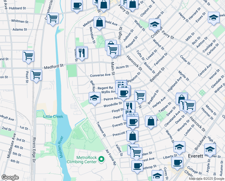 map of restaurants, bars, coffee shops, grocery stores, and more near 4 Regent Road in Malden