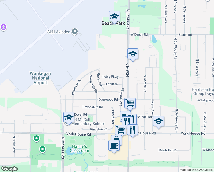map of restaurants, bars, coffee shops, grocery stores, and more near 2006 Arthur Drive in Waukegan