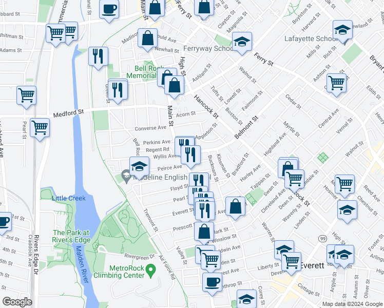 map of restaurants, bars, coffee shops, grocery stores, and more near 15 Belmont Street in Everett