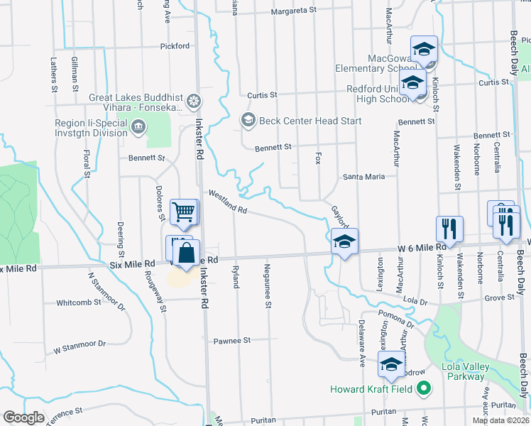 map of restaurants, bars, coffee shops, grocery stores, and more near 27088 Westland Road in Redford Charter Township