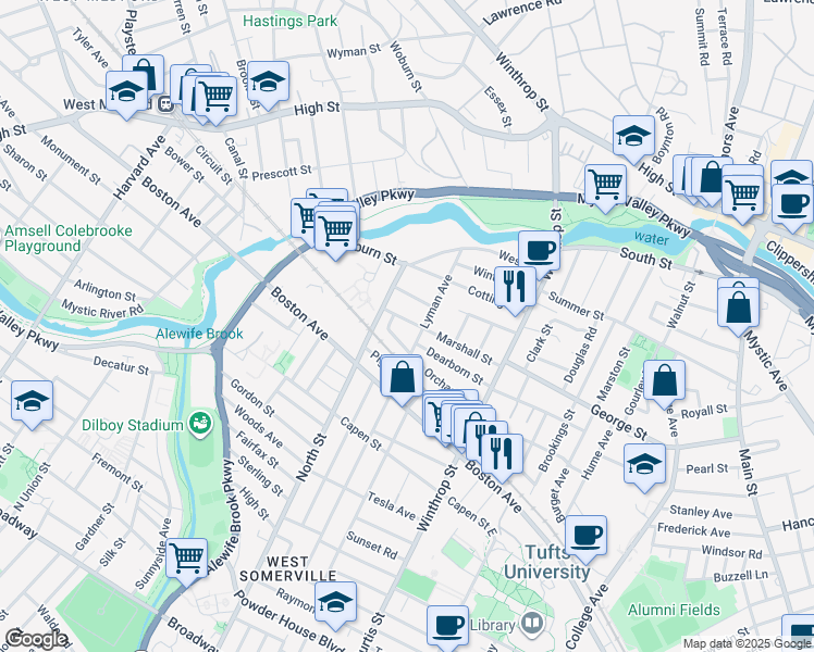 map of restaurants, bars, coffee shops, grocery stores, and more near 76 Marshall Street in Medford