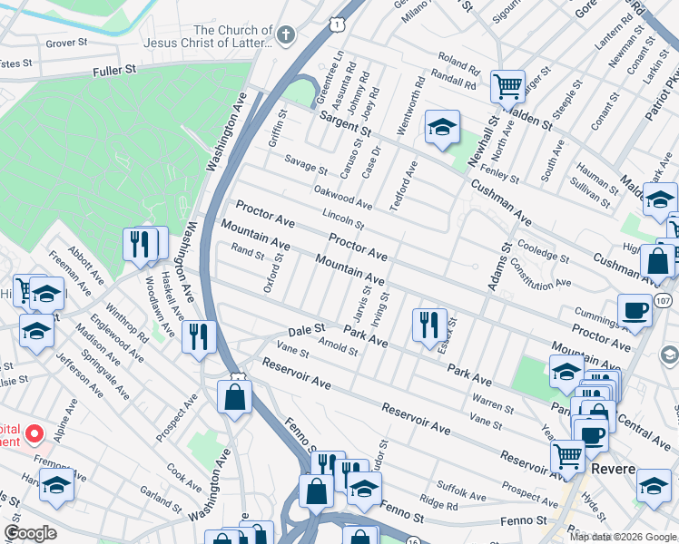 map of restaurants, bars, coffee shops, grocery stores, and more near 444 Mountain Avenue in Revere