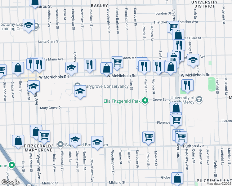 map of restaurants, bars, coffee shops, grocery stores, and more near 16721 Turner Street in Detroit