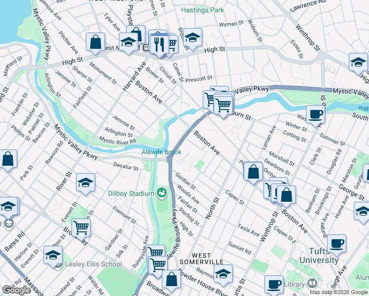map of restaurants, bars, coffee shops, grocery stores, and more near 501 Mystic Valley Parkway in Somerville