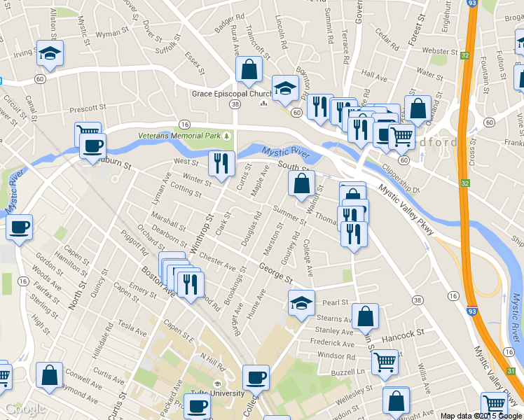map of restaurants, bars, coffee shops, grocery stores, and more near 6 Douglas Road in Medford