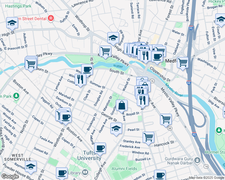 map of restaurants, bars, coffee shops, grocery stores, and more near 85 Summer Street in Medford