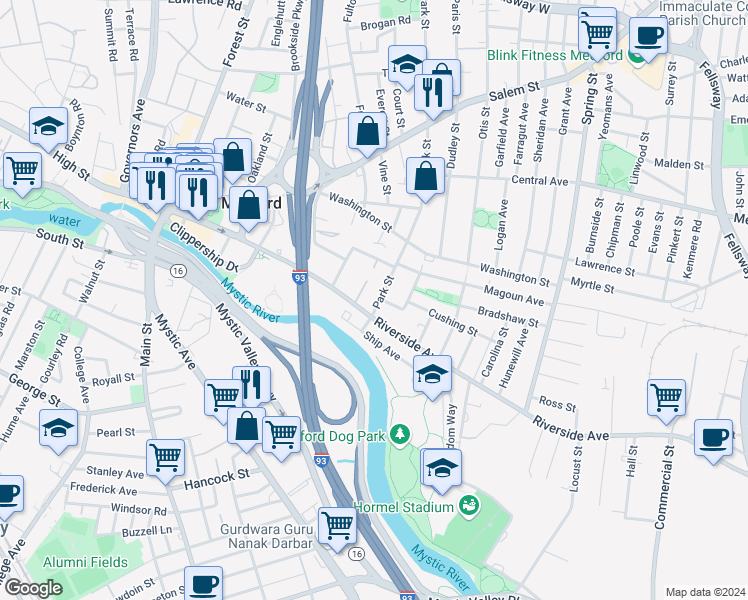map of restaurants, bars, coffee shops, grocery stores, and more near 10 Park Street in Medford
