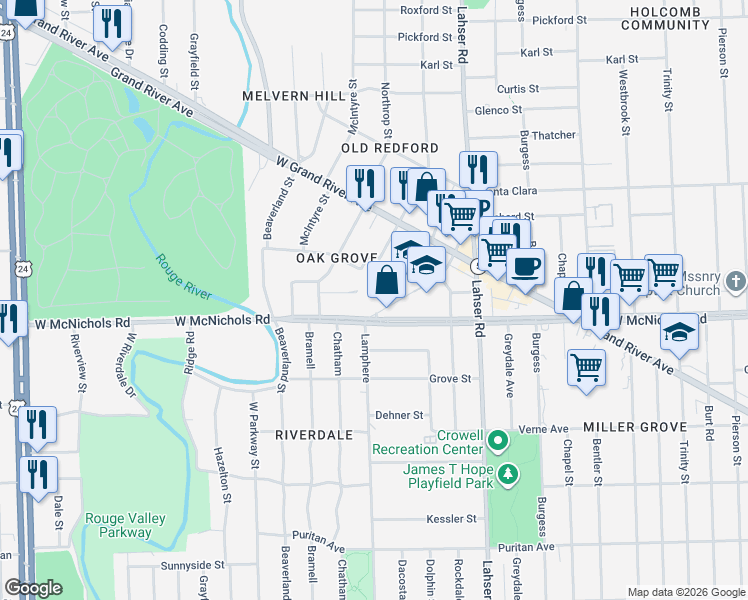 map of restaurants, bars, coffee shops, grocery stores, and more near 17121 Redford Street in Detroit