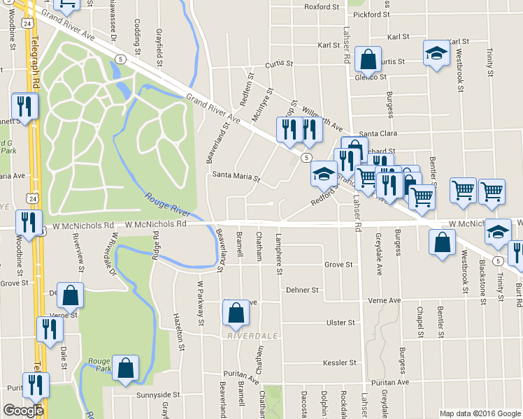 map of restaurants, bars, coffee shops, grocery stores, and more near 22489 Argus in Detroit