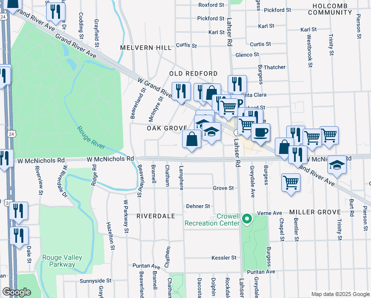 map of restaurants, bars, coffee shops, grocery stores, and more near 17121 Redford Street in Detroit