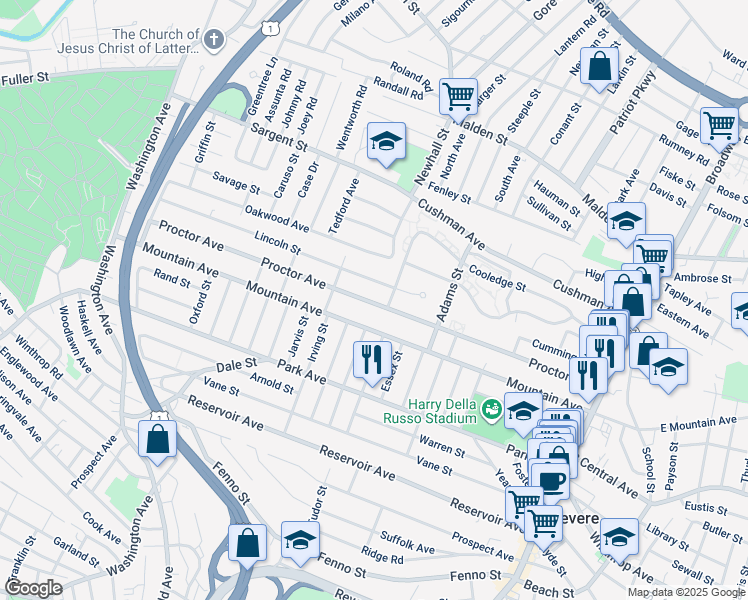 map of restaurants, bars, coffee shops, grocery stores, and more near 277 Proctor Avenue in Revere