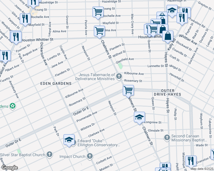 map of restaurants, bars, coffee shops, grocery stores, and more near 14229 Rosemary Street in Detroit