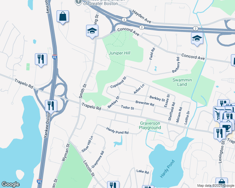map of restaurants, bars, coffee shops, grocery stores, and more near 137 Berkley Street in Waltham