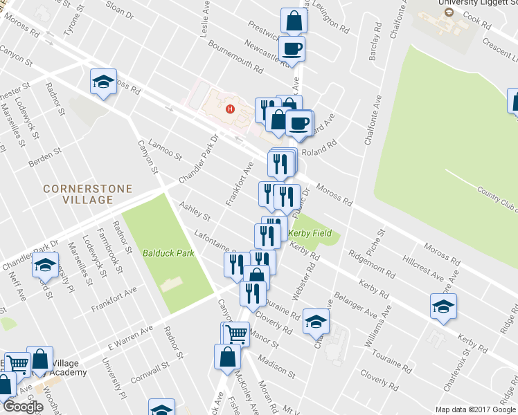 map of restaurants, bars, coffee shops, grocery stores, and more near 4975 Lannoo Street in Grosse Pointe