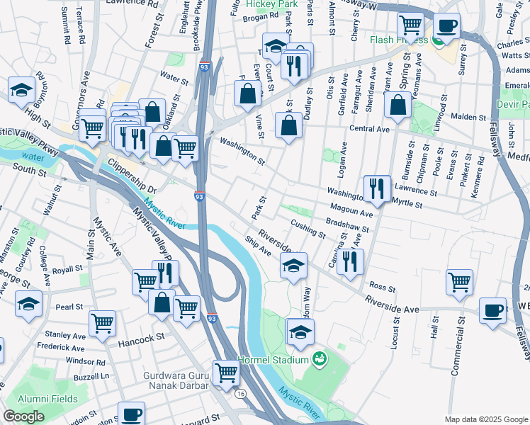 map of restaurants, bars, coffee shops, grocery stores, and more near 8 Thatcher Street in Medford