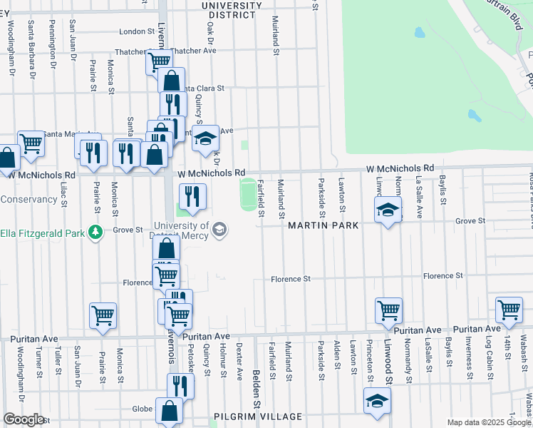 map of restaurants, bars, coffee shops, grocery stores, and more near 16830 Fairfield Street in Detroit