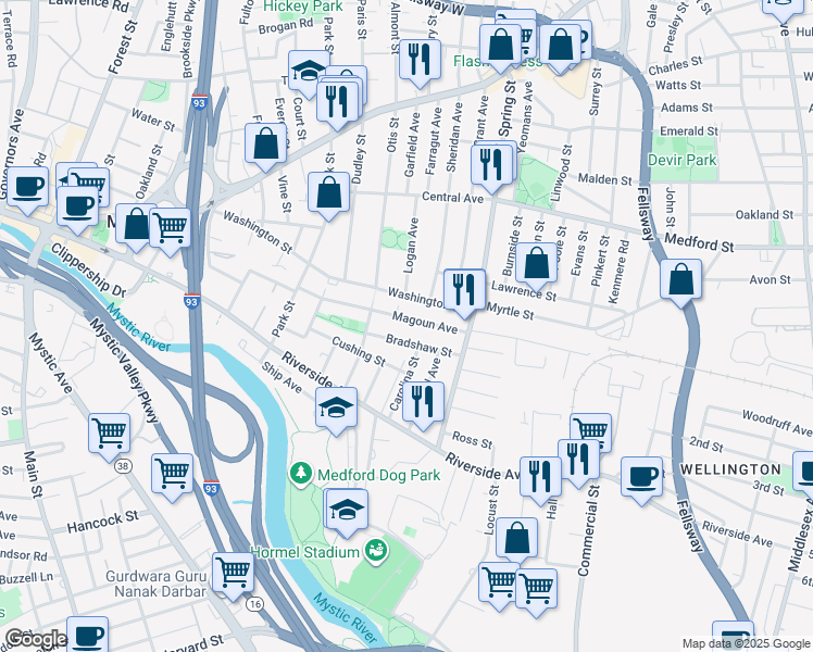 map of restaurants, bars, coffee shops, grocery stores, and more near 75 Magoun Avenue in Medford