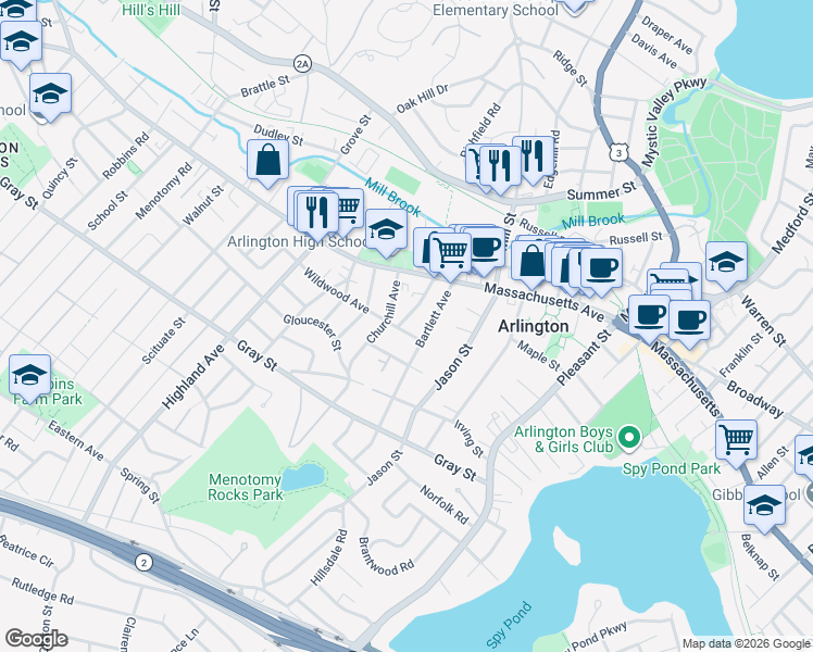 map of restaurants, bars, coffee shops, grocery stores, and more near 19 Wildwood Avenue in Arlington