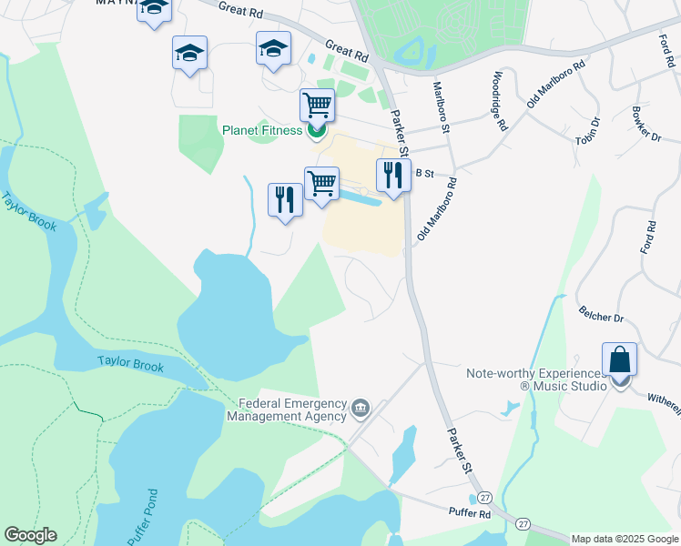 map of restaurants, bars, coffee shops, grocery stores, and more near 14 Cutting Drive in Maynard