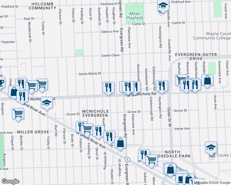 map of restaurants, bars, coffee shops, grocery stores, and more near 17125 Vaughan Street in Detroit