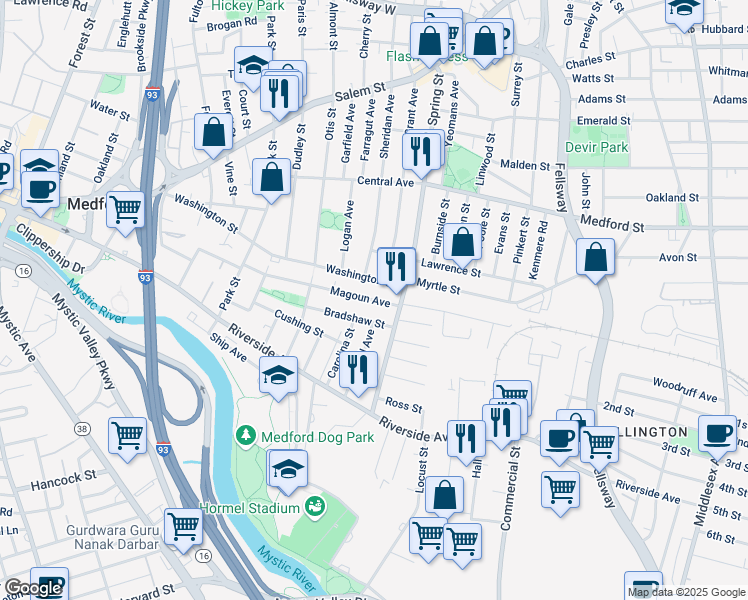 map of restaurants, bars, coffee shops, grocery stores, and more near 102 Magoun Avenue in Medford