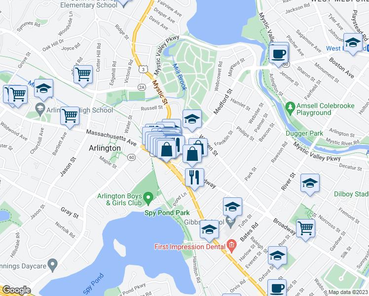 map of restaurants, bars, coffee shops, grocery stores, and more near 20 Belton Street in Arlington