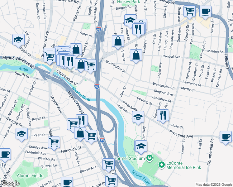 map of restaurants, bars, coffee shops, grocery stores, and more near 5 Cudworth Street in Medford