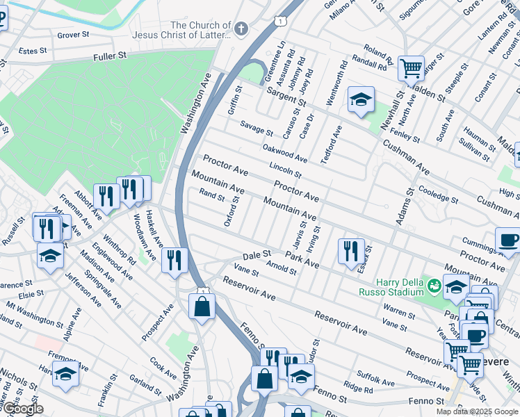 map of restaurants, bars, coffee shops, grocery stores, and more near 52 Madison Street in Revere