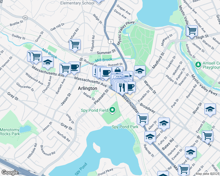 map of restaurants, bars, coffee shops, grocery stores, and more near 626 Massachusetts Avenue in Arlington