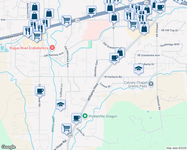 map of restaurants, bars, coffee shops, grocery stores, and more near 822 West Harbeck Road in Grants Pass
