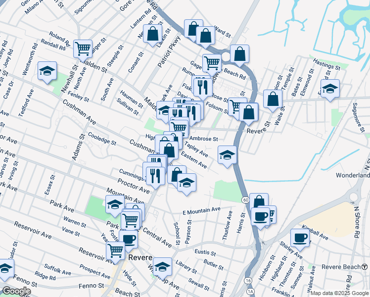 map of restaurants, bars, coffee shops, grocery stores, and more near 691 Broadway in Revere