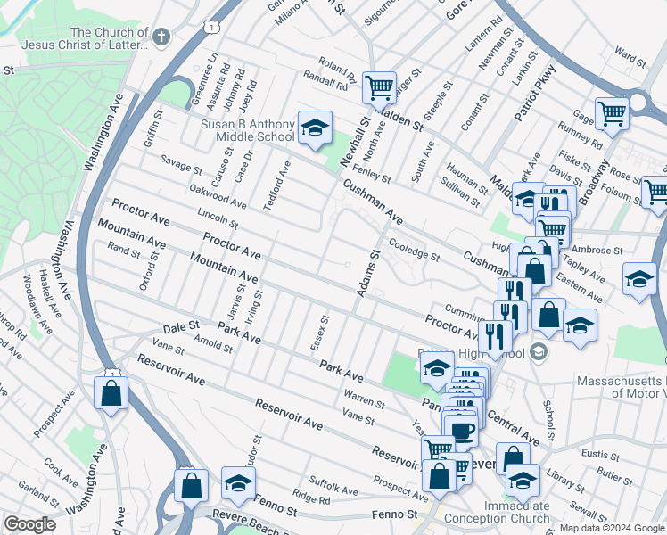 map of restaurants, bars, coffee shops, grocery stores, and more near 23 Blaney Court in Revere