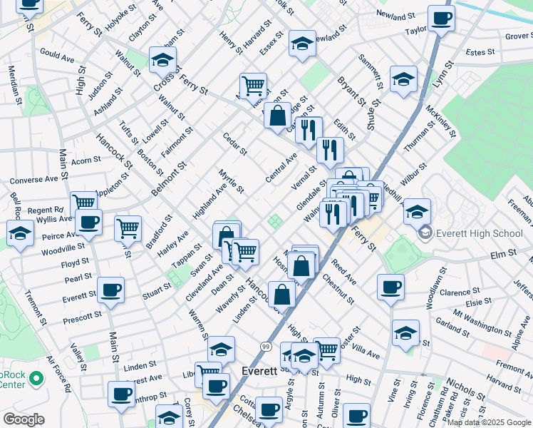 map of restaurants, bars, coffee shops, grocery stores, and more near 9 Dowse Street in Everett