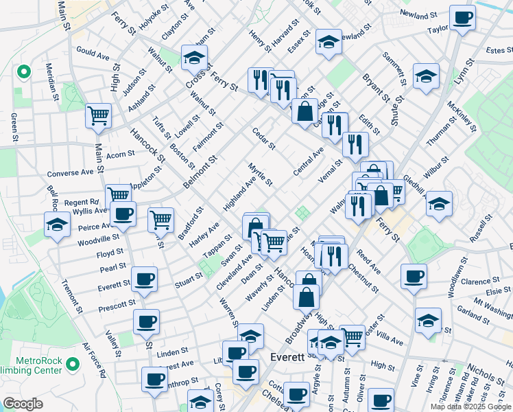 map of restaurants, bars, coffee shops, grocery stores, and more near 53 Central Avenue in Everett